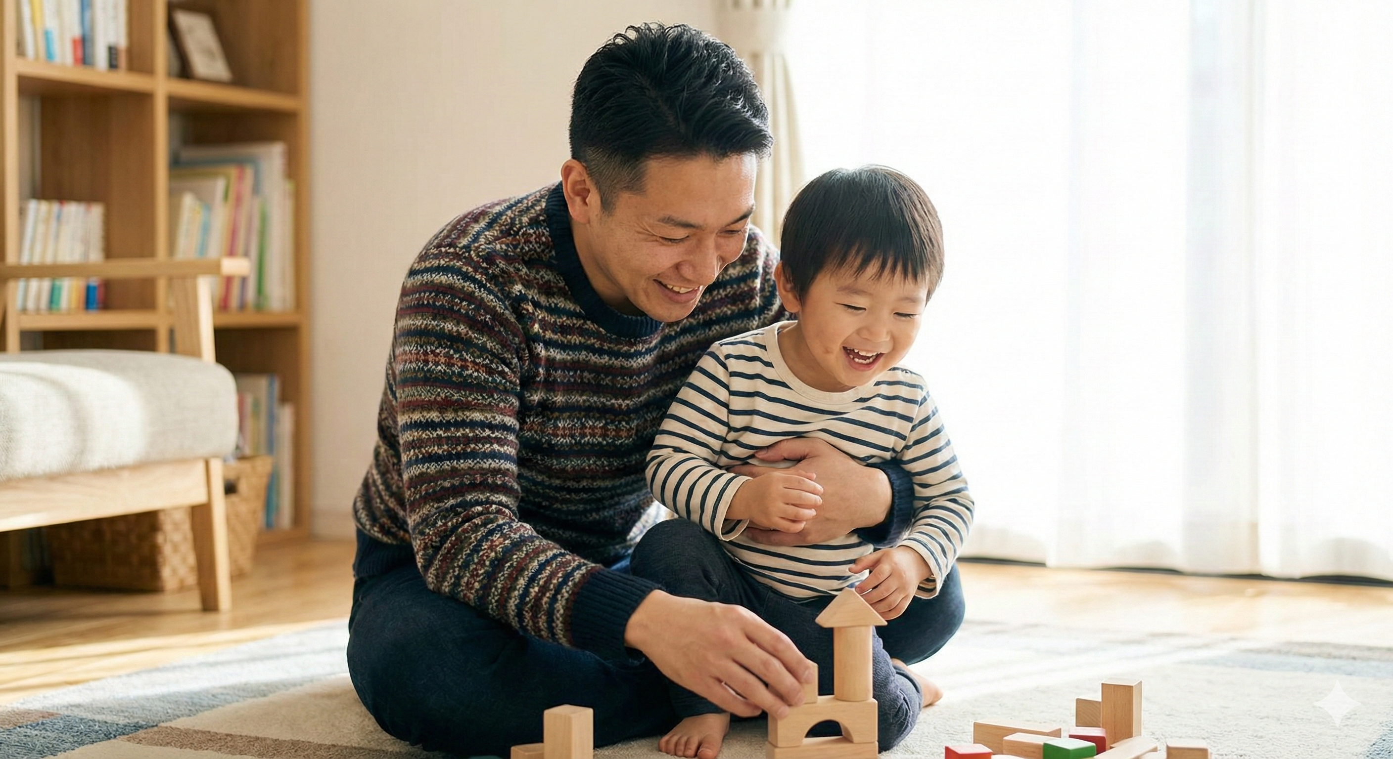 Father and son playing with building blocks