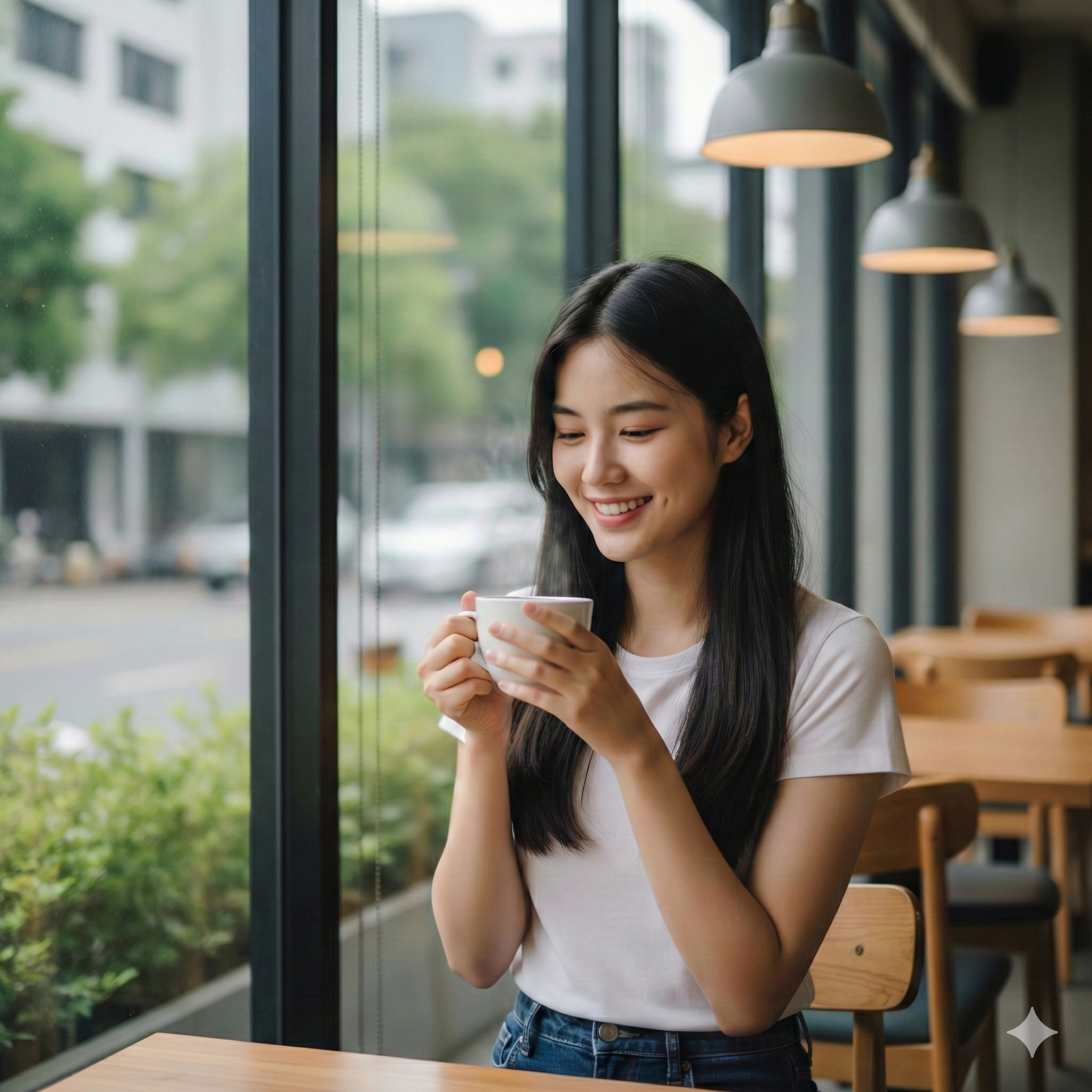 Woman smiling in a cafe